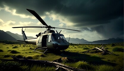 Dramatically Crashed Helicopter on a Remote Island Amidst Tangled Branches and Lush Greenery