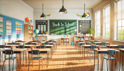 Bright, spacious classroom with sunlight streaming through large windows.