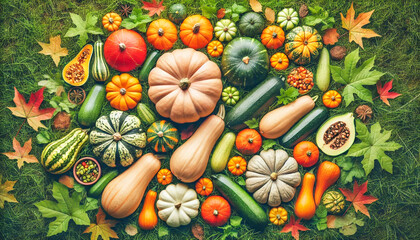 Assorted pumpkins and gourds arranged on grass with autumn leaves.