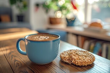 Blue coffee mug with white foam and a cookie on a wooden table indoors