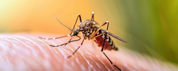 Naklejka premium Close-up of a mosquito biting human skin, detailed and sharp. Free copy space for text.