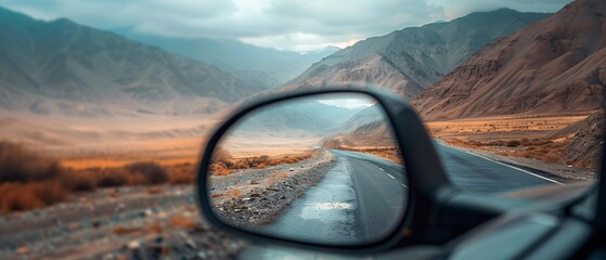 Mountains reflect in car side mirror on roadtrip.