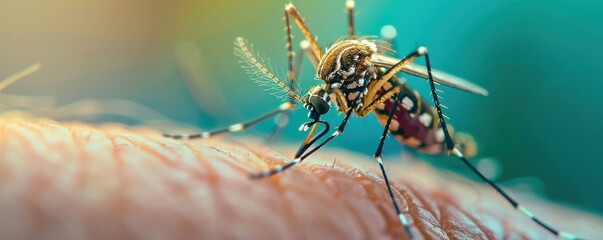 Close-up of a mosquito biting human skin, detailed and sharp. Free copy space for text.