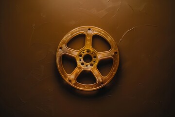 Obraz premium Vintage film reel with a warm golden glow against a textured brown background capturing the essence of classic cinema and nostalgia