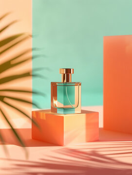 A Clear Glass Perfume Bottle Mockup Displayed on a Pink Podium Against A Vibrant Teal Green Color Background with Geometric Shapes and Natural Palm Leaf. Summer Spa. Minimal Beauty Product Branding.