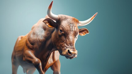 A powerful bull with impressive horns captured in a striking pose against a gradient blue background, symbolizing strength and resilience.