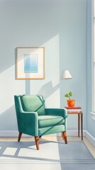 Fototapeta premium Cozy modern interior with a green armchair, wall art, and natural light. Ideal relaxation corner in a stylish, bright living room.