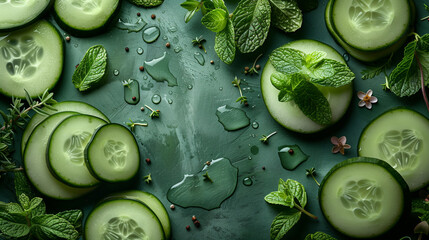 Fresh Cucumber slices Frame with copy space on Dark green Background
