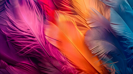 Obraz premium A vibrant display of soft feathers in pink, orange, and blue hues, showcasing a blend of colors.