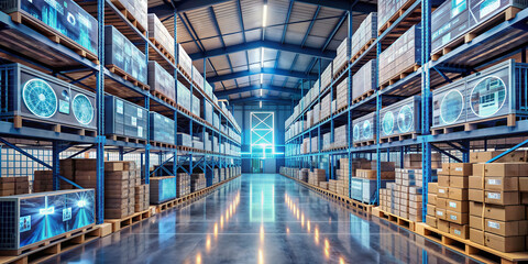 Futuristic warehouse interior with rows of shelves, digital screens, and holographic infographics displaying analytics and logistics data amidst cardboard boxes and packaged products.