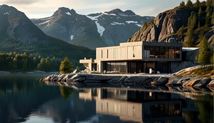 Sleek Grey Beige Spa Hotel Perched Atop Rocky Cliff Overlooking Tranquil Lake in Majestic Norwegian Mountains