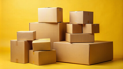 Obraz premium A stack of corrugated cardboard boxes with varying sizes held together securely with packing tape on a bright and cheerful yellow background.