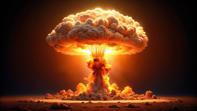 A radiant mushroom cloud rises from a nuclear blast, its billowy white mass illuminating a dark surroundings, isolated on a transparent background with vivid orange glow.