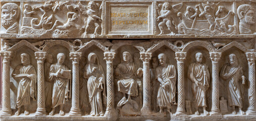 PERUGIA, ITALY - MAY 16, 2024: The relief on the Early Roman Christian Sarcophag - altar (mensa) of church Oratorio dei Santi Andrea e Bernardino from 4. cent. 