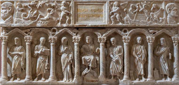 PERUGIA, ITALY - MAY 16, 2024: The relief on the Early Roman Christian Sarcophag - altar (mensa) of church Oratorio dei Santi Andrea e Bernardino from 4. cent. 