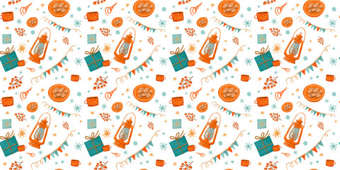 A pattern with New Year's elements drawn by hand on a transparent background, a pattern for a cozy winter evening