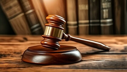 正義の象徴：法廷の威厳を表す裁判官のハンマー、法律書を背景に輝く公平な判断の象徴