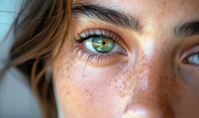 Fototapeta premium Young woman with beautiful green eyes and freckles, intense gaze.