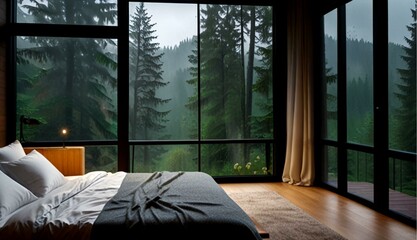 Cozy Room with a View of Rainy Mountains through a Large Glass Window