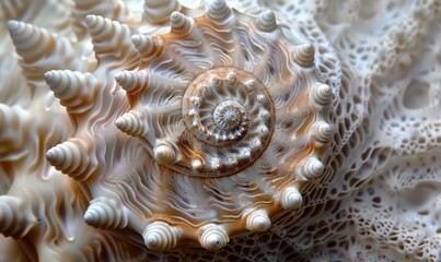 A shell with a spiral pattern is shown in a close up.