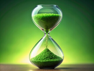 A stylized digital hourglass with vibrant green sand flows from top to bottom, symbolizing eco-friendly initiatives and efficient use of time for a sustainable future.
