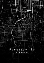 Minimalist black map of Fayetteville, Arkansas &ndash; A modern map print highlighting infrastructure of the city, useful for tourism purposes

