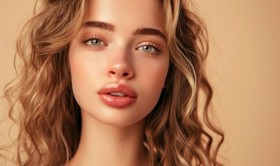 Naklejka premium A woman with curly hair and a pink lip is blowing a kiss. Free copy space for text.