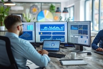 Digital Marketers Analyzing Data Trends in a High-Tech Office with Advanced Analytics Tools