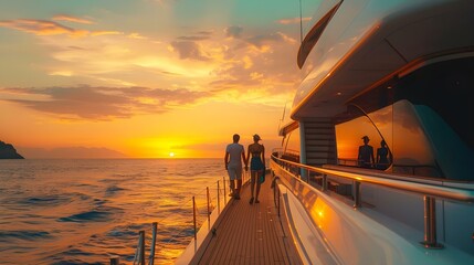 Fototapeta premium Family travel adventures on luxury yacht at sunset