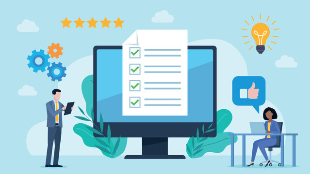 Flat design vector. Checklist on monitor screen. Businessman standing with tablet, woman is sitting and working on laptop. Around them are 5 star review, cogs, bulb and thumbs up icon.