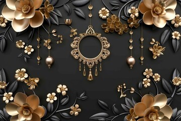 3d mural illustration background with golden dandelion flowers , circles simple golden decorative wallpaper circles simple golden decorative wallpaper, Generative AI