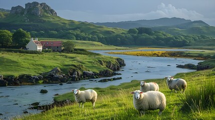 Obraz premium Sheep grazing on a Scottish farm in spring