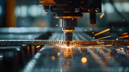CNC machine operating with precision, metal being cut and sparks flying, highlighting advanced manufacturing technology.