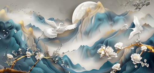 3d modern interior mural painting wall art decor abstraction wallpaper with blue, dark green and golden tropical leaf branches and flowers with feathers peacock, Generative AI