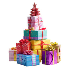 Obraz premium A colorful stack of gift boxes with bows and a star on top, perfect for festive celebrations, birthdays, or holiday events.