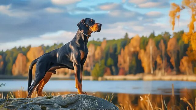 Black and tan coonhound standing on rock near the lake, dog, outdoor, hunting dog, black and tan coonhound, rock