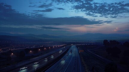 A twilight highway landscape, softly illuminated, showcasing persistence and a visionary pursuit of success, with clear goals lighting the path