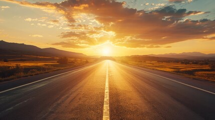 Naklejka premium Highway landscape at sunset, bathed in warm, golden light, representing persistence, a visionary journey towards success, and well-defined goals