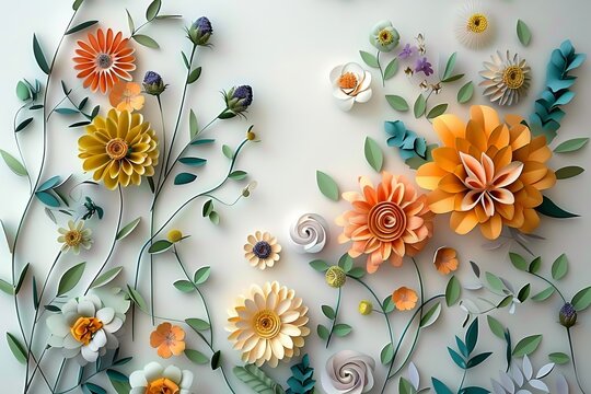 3d floral craft wallpaper. orange, rose, green, and yellow flowers on a light background, Generative AI