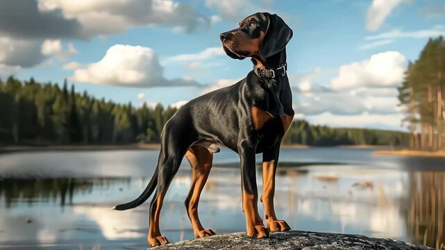 Black and tan coonhound standing on rock near the lake, dog, outdoor, hunting dog, black and tan coonhound, rock