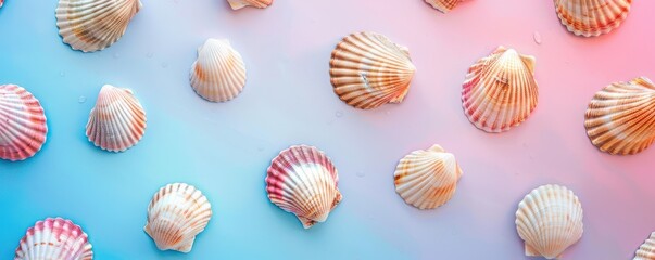 A blue background with a variety of seashells and starfish scattered across it. Free copy space for text.