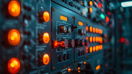 Fototapeta premium Close-up view of a control panel with glowing lights and buttons, highlighting the technical and futuristic aspects.