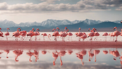 Obraz premium A flock of flamingos flying over a mirror-like salt flat, with mountains reflecting in the water 
