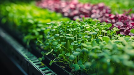 detailed shot of colorful microgreens in hydroponic setup at city farm, showcasing innovative urban agriculture and gardening, banner idea