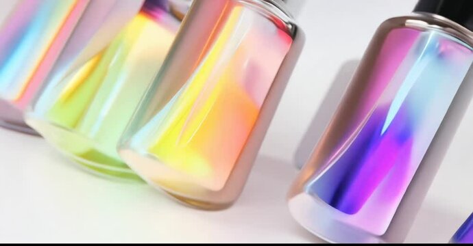 This image showcases three elegant cosmetic dropper bottles with a striking iridescent finish that reflects a spectrum of colors. The bottles are angled to capture the light, emphasizing their sleek