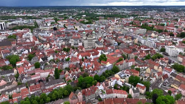 Aerial view of downtown Augsburg in Germany, Bavaria on a cloudy day in summer. 