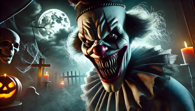 Terrifying Halloween clown in front of a haunted circus tent with eerie lighting and fog, perfect for Halloween-themed designs and horror concept background