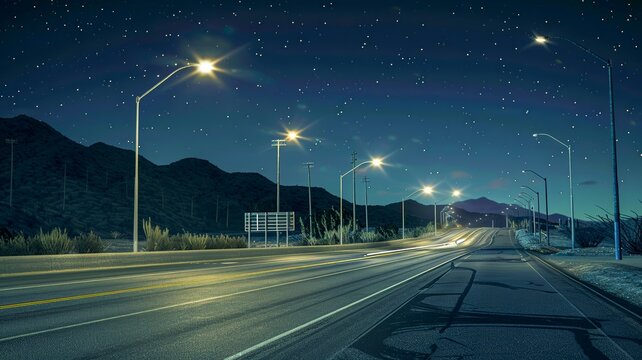 Desert Highway at Night with Streetlights and Mountains