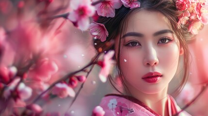 Fototapeta premium beautiful asian woman with a perfect face next to a pink sakura tree