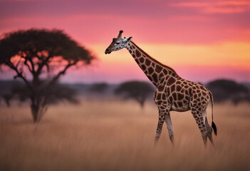 A giraffe striding across the savanna under a vibrant, multi-colored dawn sky.
